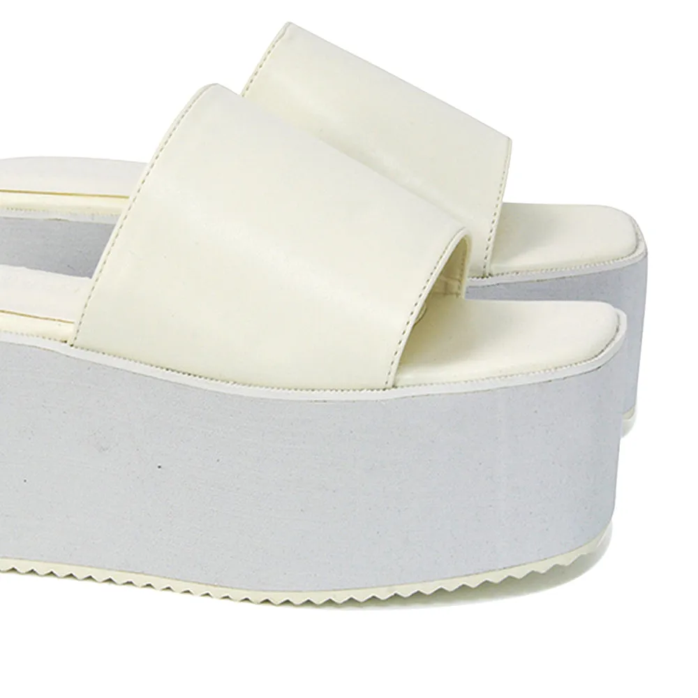 Kaiya Square Toe Slip on Flatform Sandal Slides in White Synthetic Leather