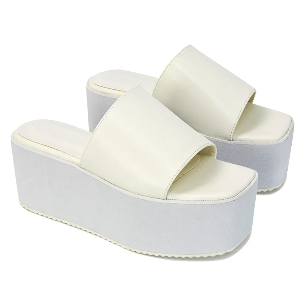 Kaiya Square Toe Slip on Flatform Sandal Slides in White Synthetic Leather