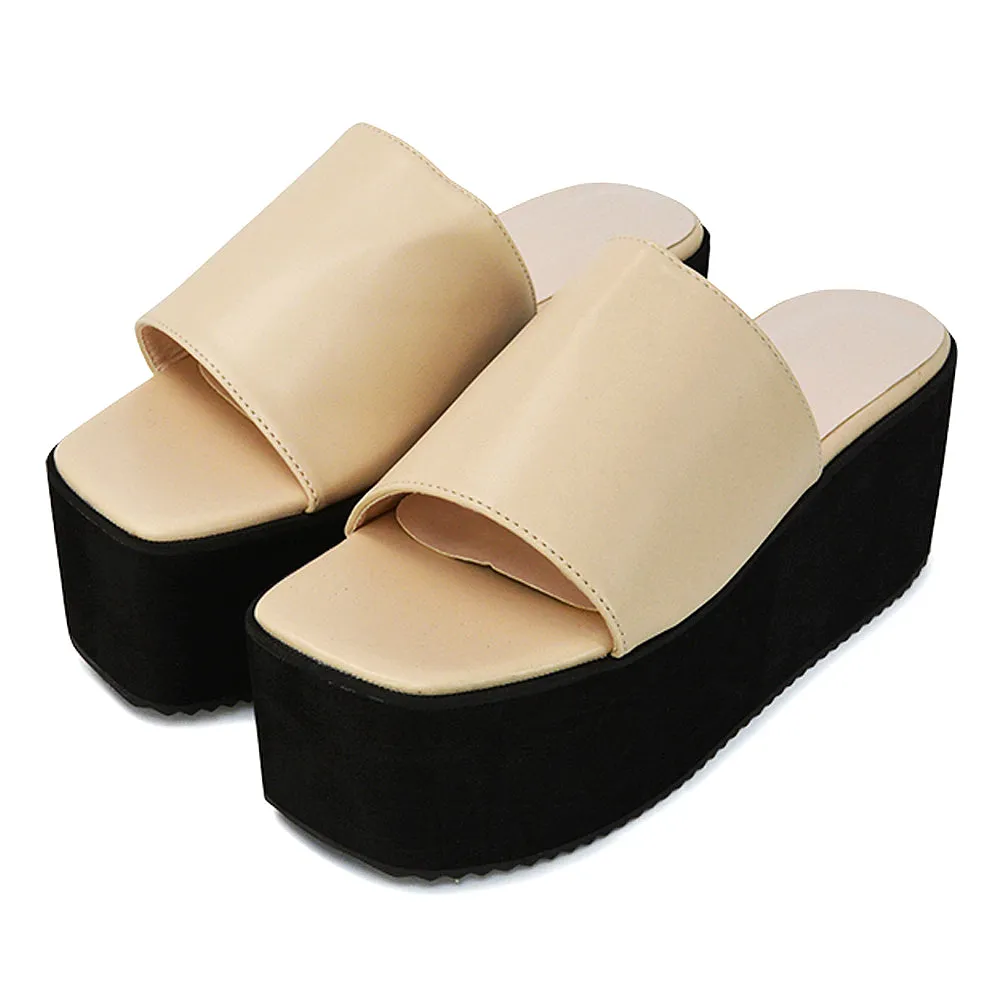 Kaiya Square Toe Slip on Flatform Sandal Slides in White Synthetic Leather