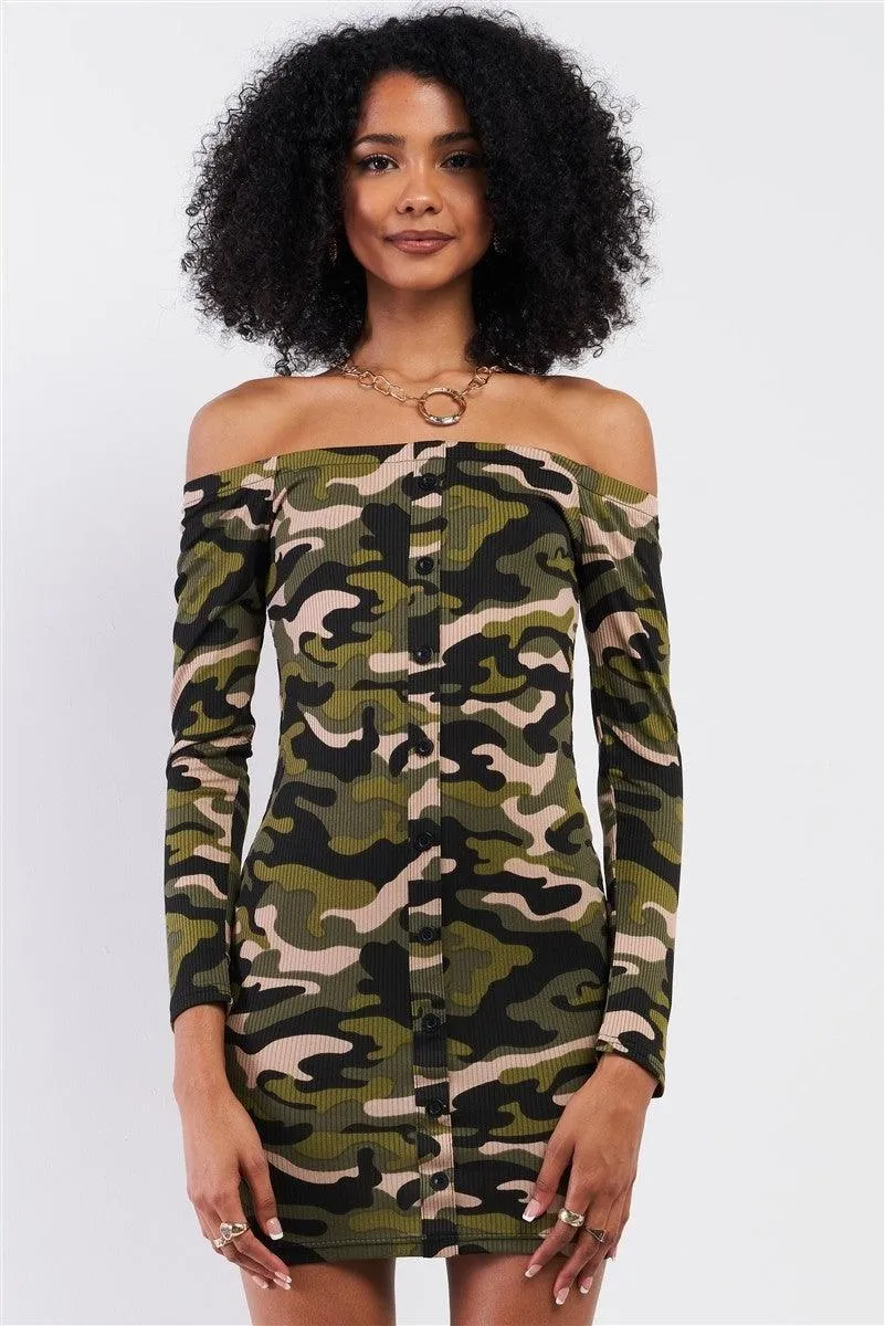 Khaki Olive Camo Ribbed Off-The-Shoulder Button Down Bodycon Mini Dress /2-2-2