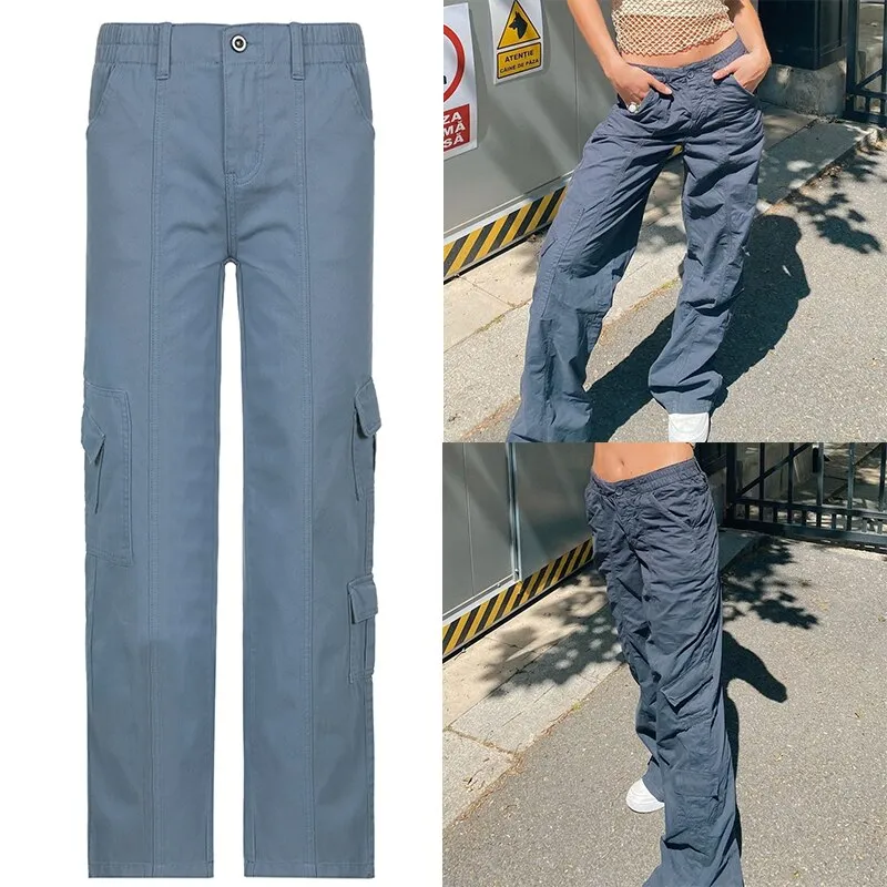 KittenAlarm - Women Spring Fashion Multi Pockets White Cargo Pants Women Adjustable Low Waist Baggy Wide Leg Jeans Oversized Casual Trousers Retro Bottoms Iamhotty