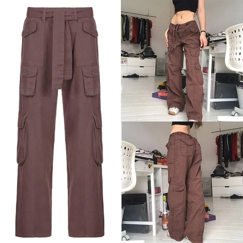 KittenAlarm - Women Spring Fashion Multi Pockets White Cargo Pants Women Adjustable Low Waist Baggy Wide Leg Jeans Oversized Casual Trousers Retro Bottoms Iamhotty