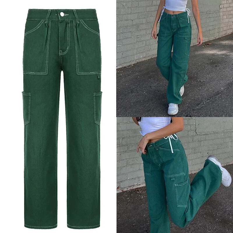 KittenAlarm - Women Spring Fashion Multi Pockets White Cargo Pants Women Adjustable Low Waist Baggy Wide Leg Jeans Oversized Casual Trousers Retro Bottoms Iamhotty