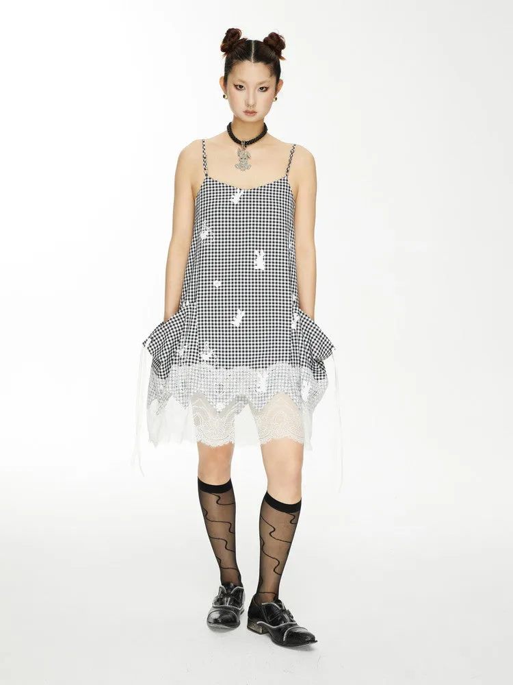 Lace Gingham-Checked Girly Loose Camisole Casual Dress＆Pants