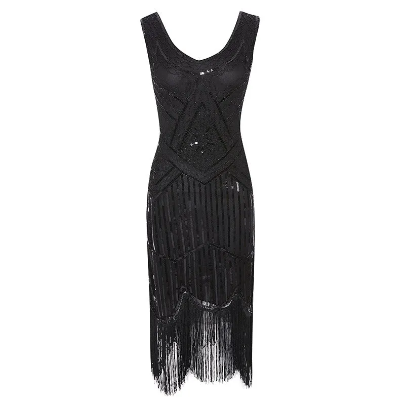 Lady's Vintage 1920s Sequins Beaded Flapper Dresses | Premium V Neck Fringed Dress Banquet Costume Dress