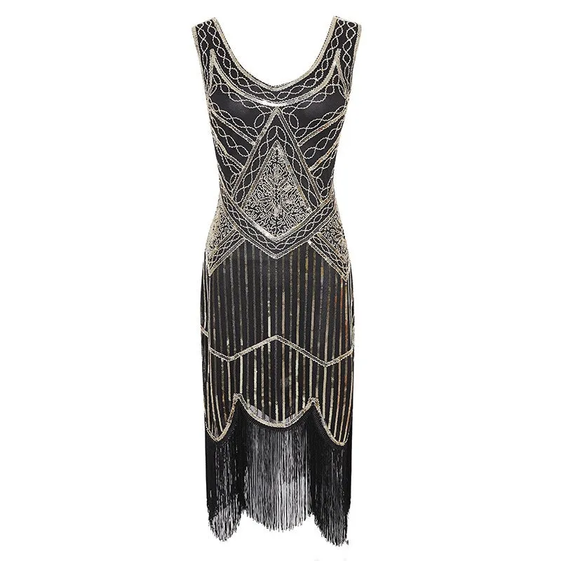 Lady's Vintage 1920s Sequins Beaded Flapper Dresses | Premium V Neck Fringed Dress Banquet Costume Dress