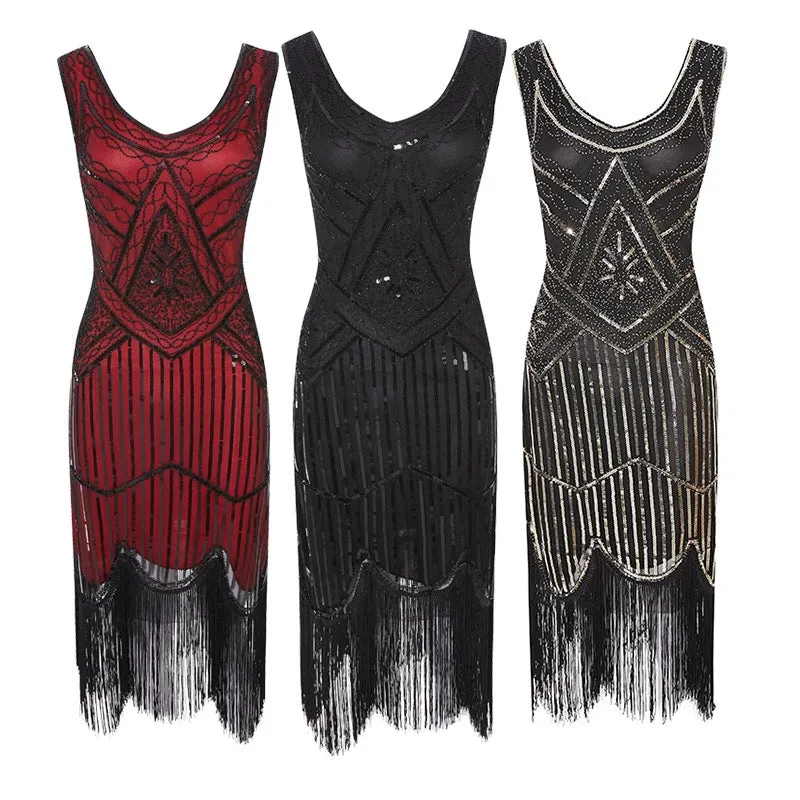 Lady's Vintage 1920s Sequins Beaded Flapper Dresses | Premium V Neck Fringed Dress Banquet Costume Dress