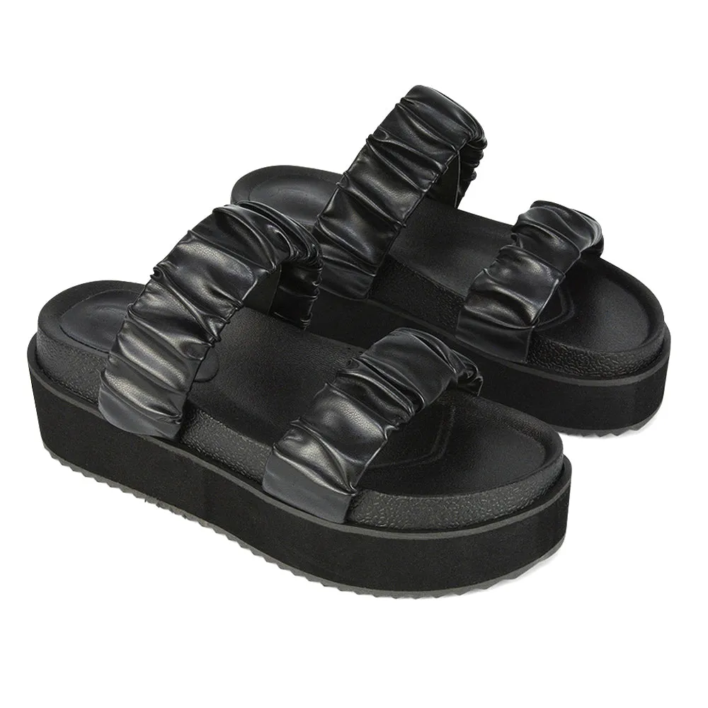 Lalia Ruched Double Strap Flatform Slide Sandals in Black Synthetic Leather