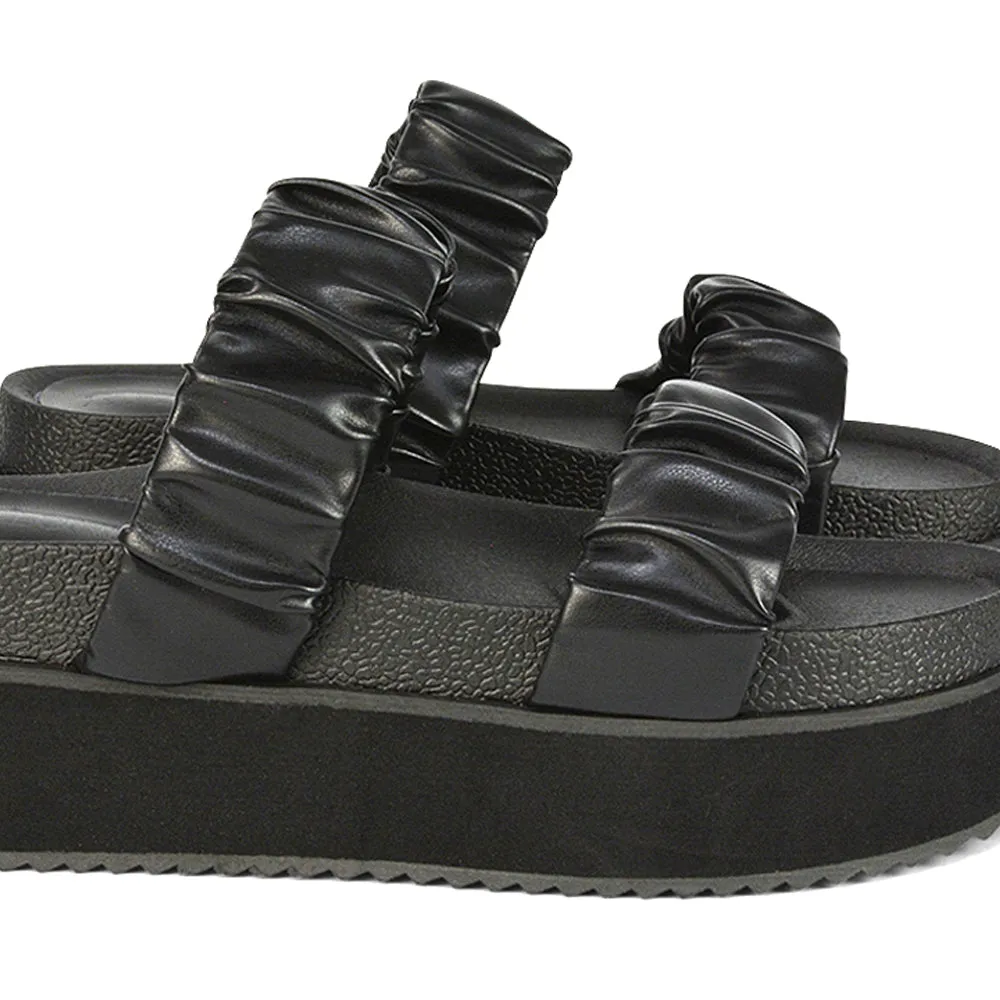 Lalia Ruched Double Strap Flatform Slide Sandals in Black Synthetic Leather