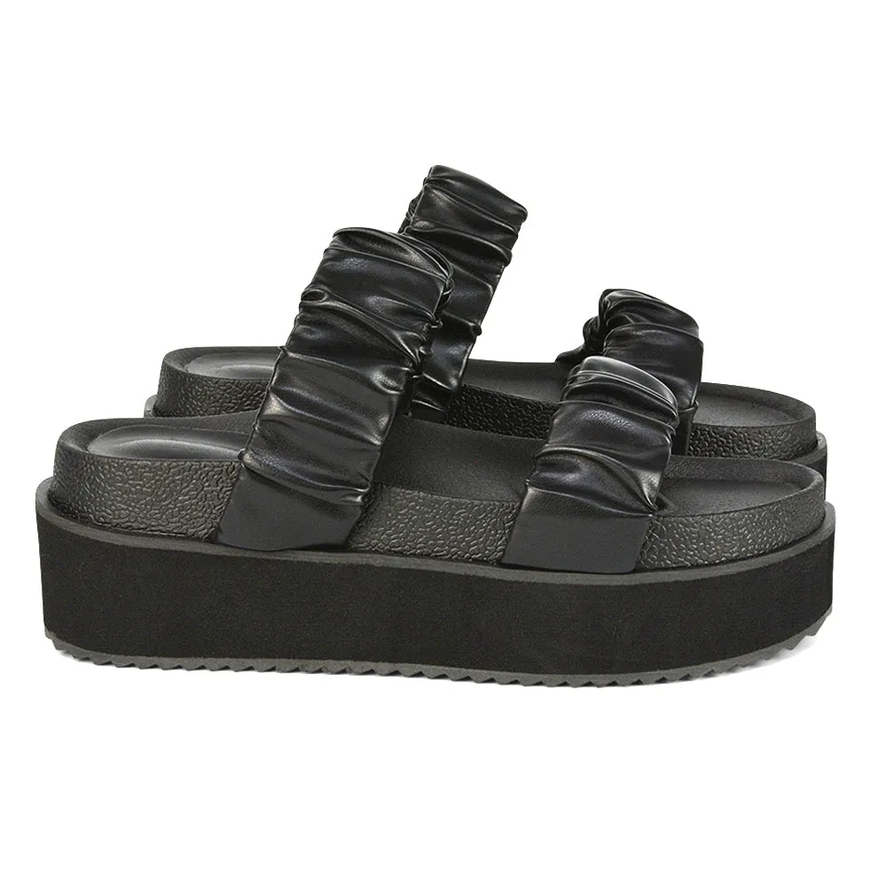 Lalia Ruched Double Strap Flatform Slide Sandals in Black Synthetic Leather