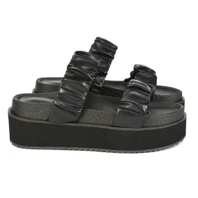 Lalia Ruched Double Strap Flatform Slide Sandals in Black Synthetic Leather