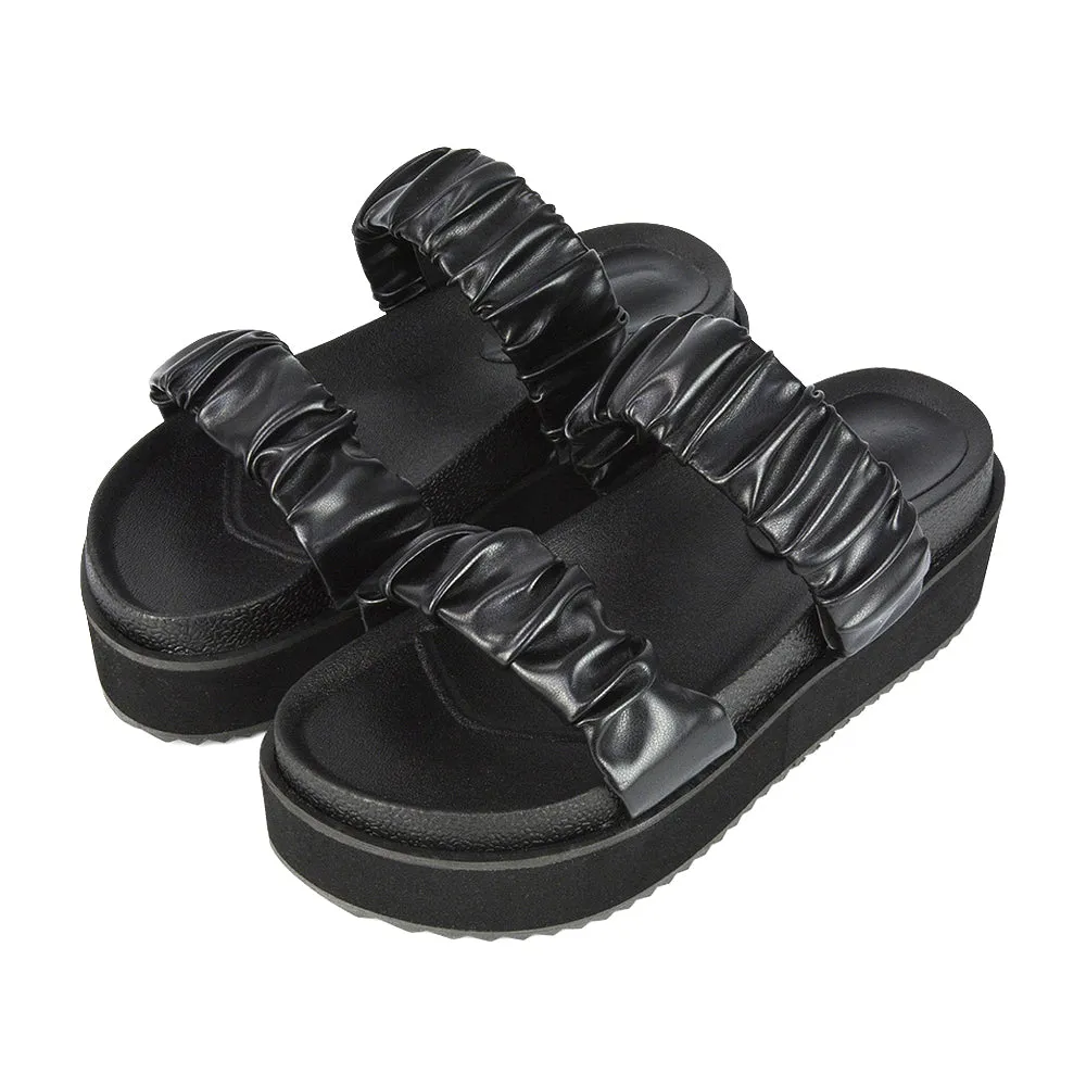 Lalia Ruched Double Strap Flatform Slide Sandals in Black Synthetic Leather