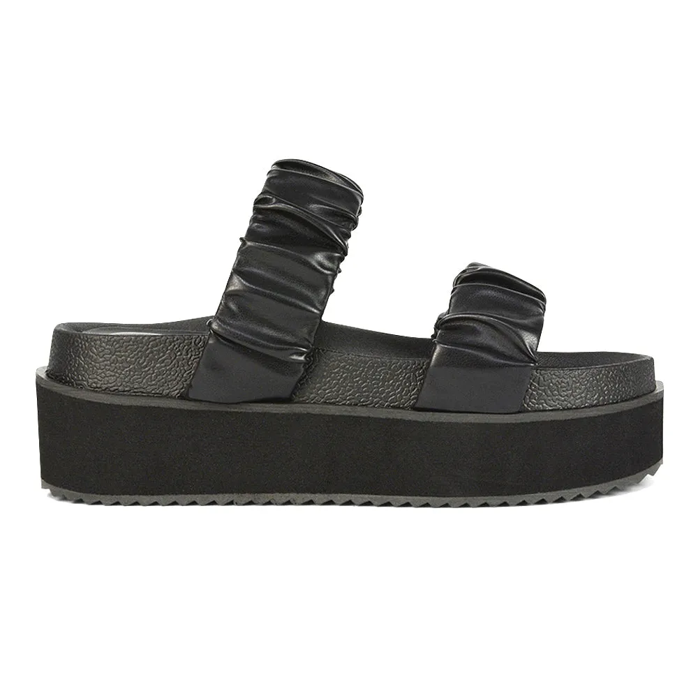 Lalia Ruched Double Strap Flatform Slide Sandals in Black Synthetic Leather