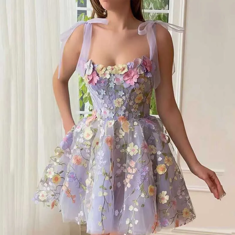 Lavender 3D Lace Appliqued Tulle Short Prom Dress Birthday dress Homecoming Dress