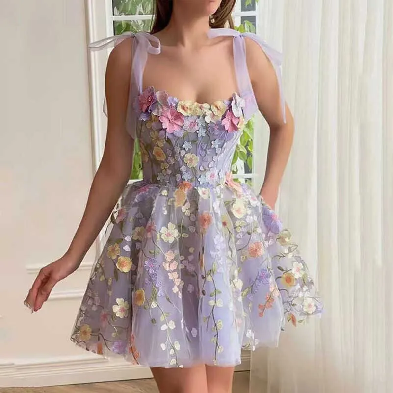 Lavender 3D Lace Appliqued Tulle Short Prom Dress Birthday dress Homecoming Dress