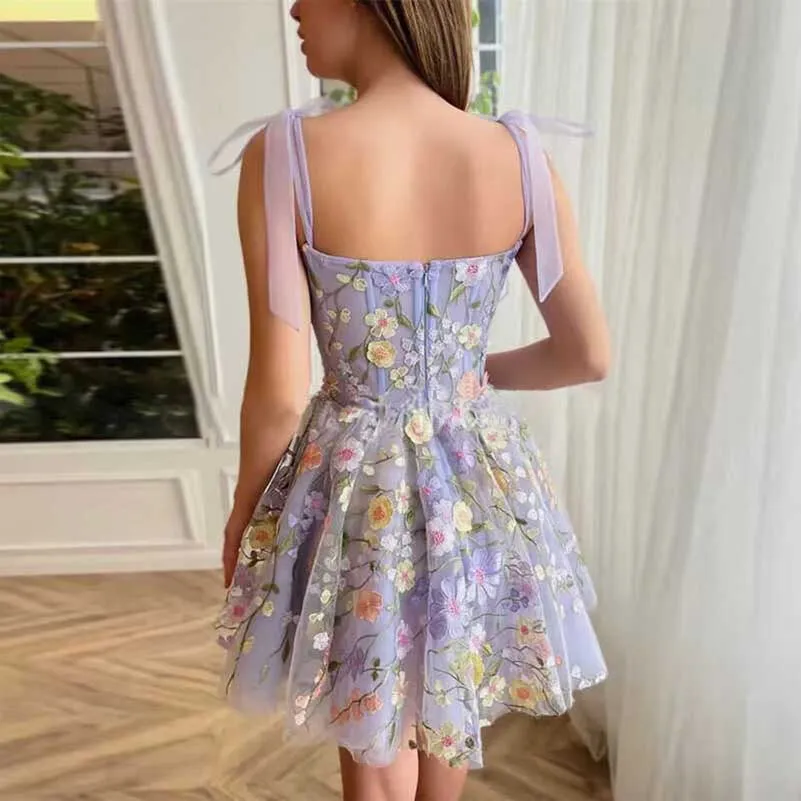 Lavender 3D Lace Appliqued Tulle Short Prom Dress Birthday dress Homecoming Dress