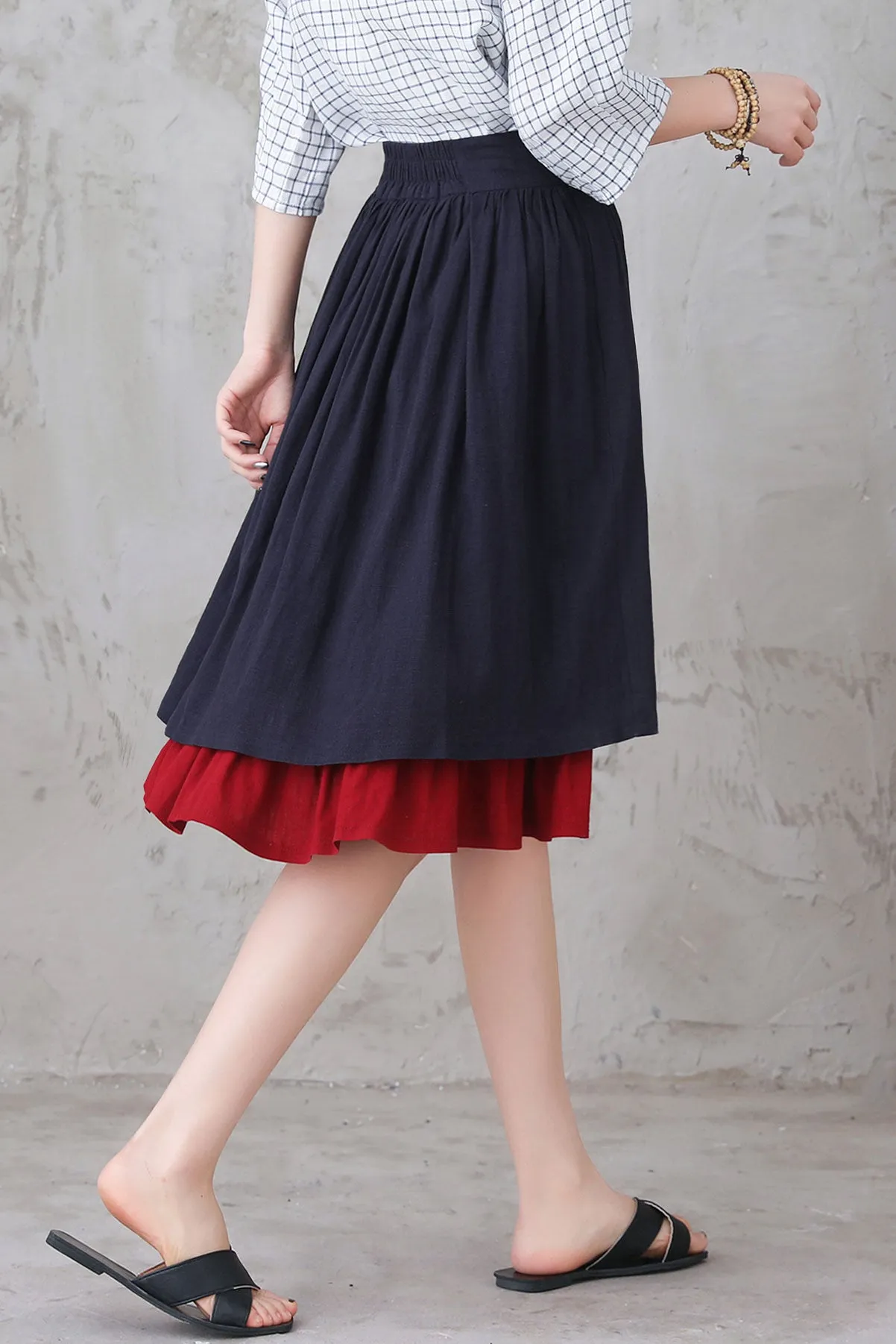 Layered Pleated Linen Midi Skirt 3306