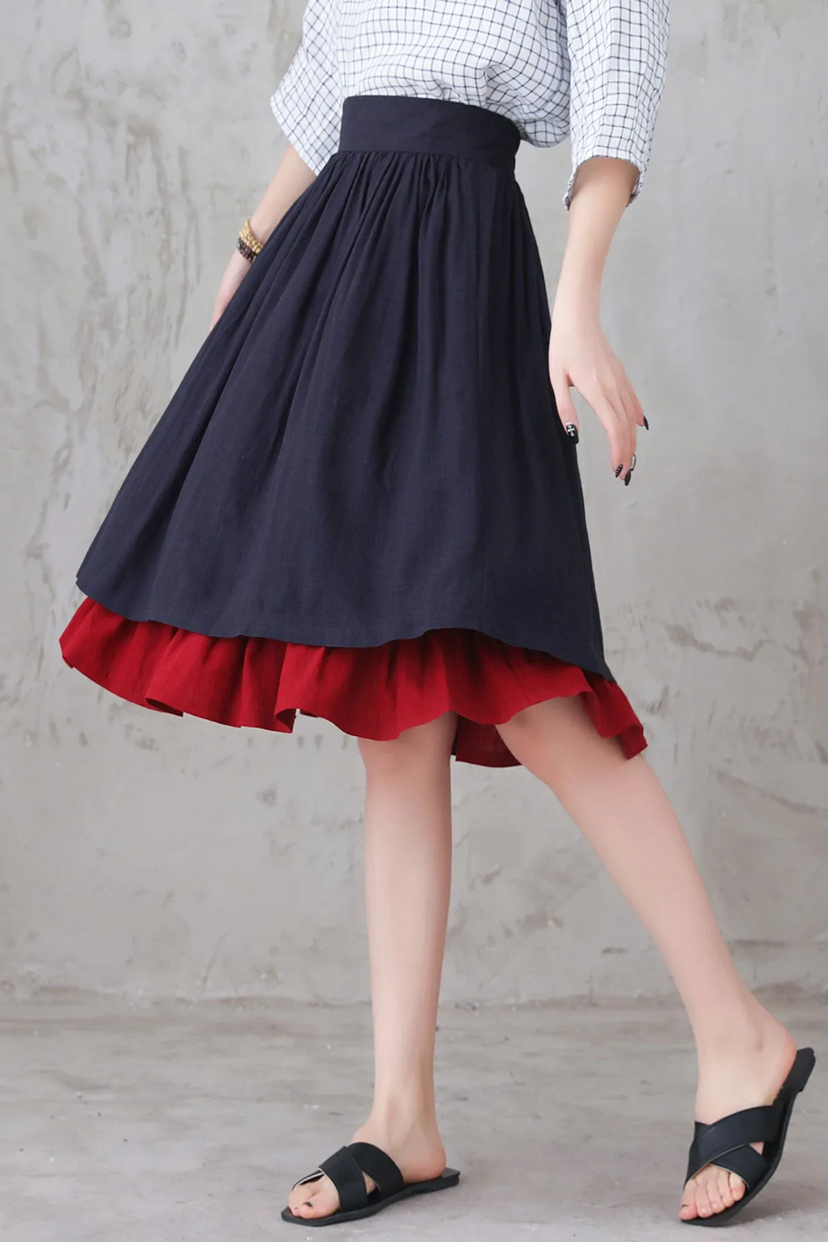 Layered Pleated Linen Midi Skirt 3306