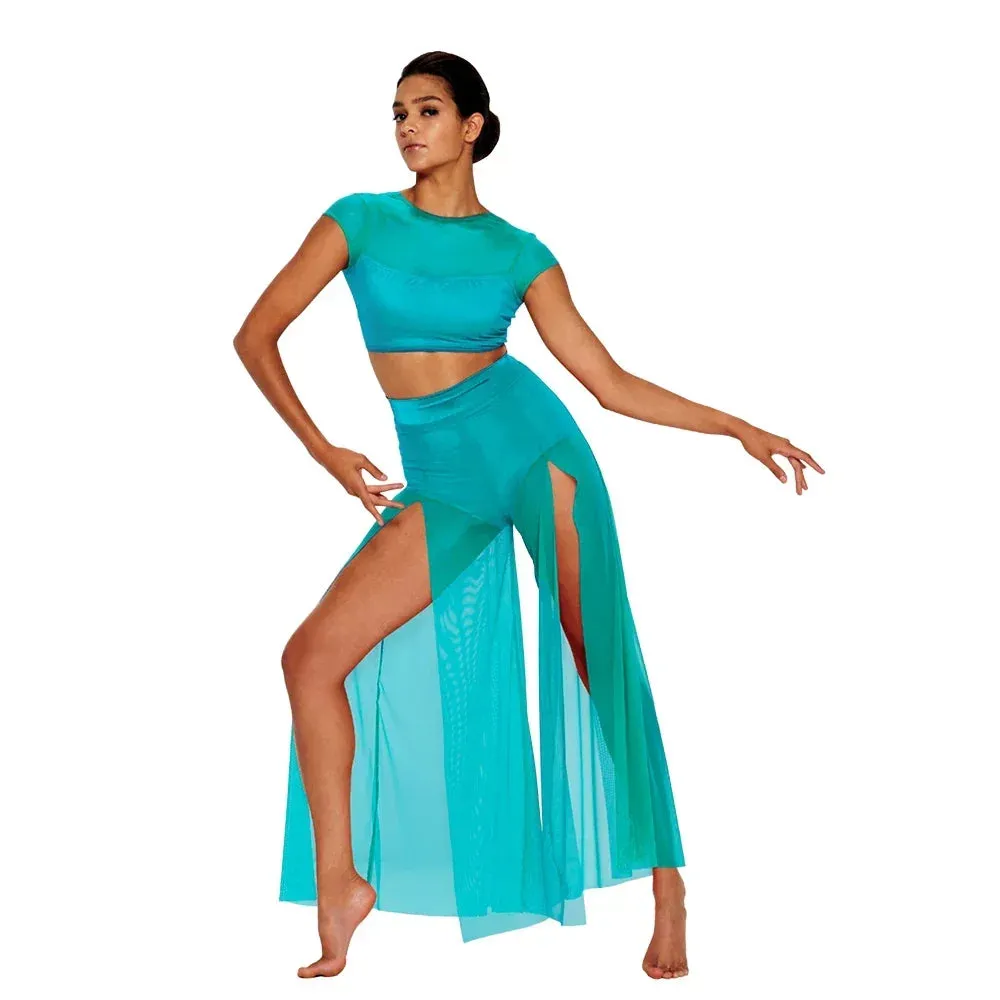 LC990  Modern Ballet Dance Mesh Top Wide Leg Pants Attached 2 Piece Lyrical Outfit -Stage Costume