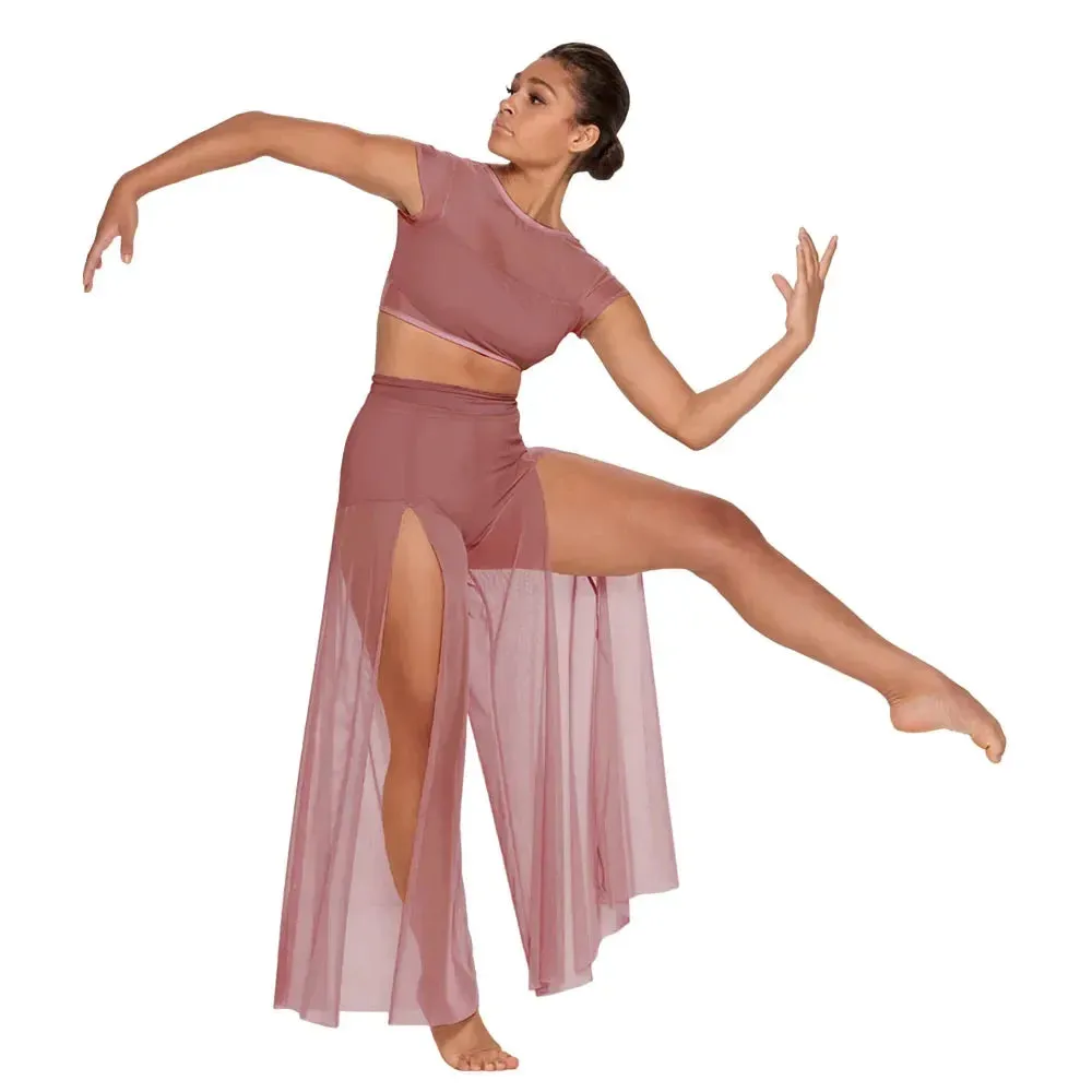 LC990  Modern Ballet Dance Mesh Top Wide Leg Pants Attached 2 Piece Lyrical Outfit -Stage Costume