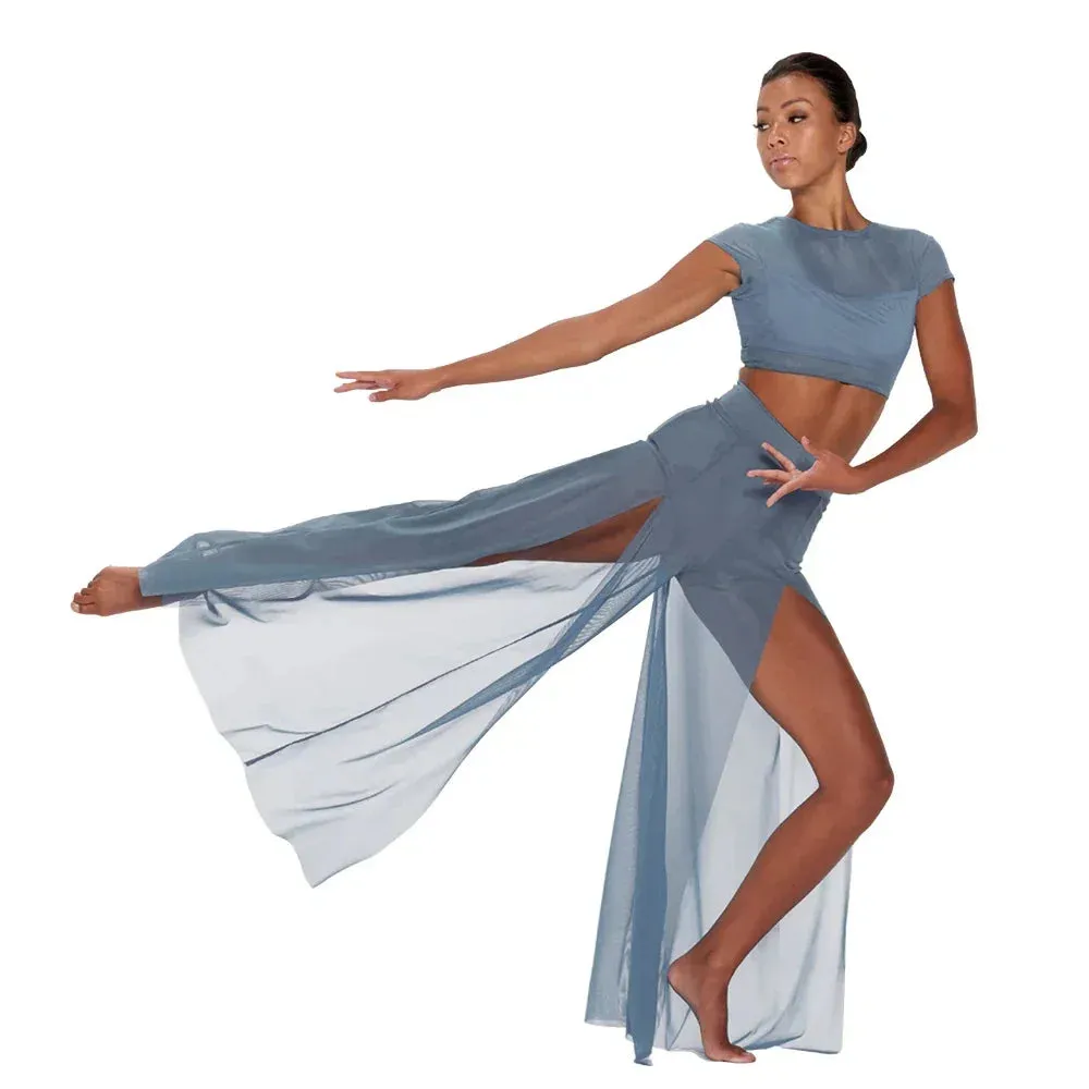 LC990  Modern Ballet Dance Mesh Top Wide Leg Pants Attached 2 Piece Lyrical Outfit -Stage Costume