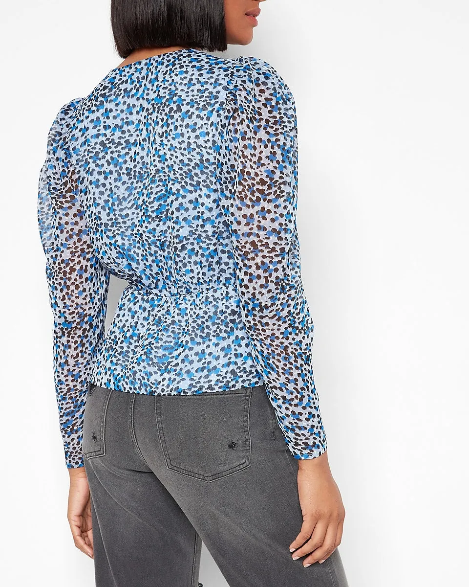 Leopard Print Faux Wrap Peplum Top in Blue Print