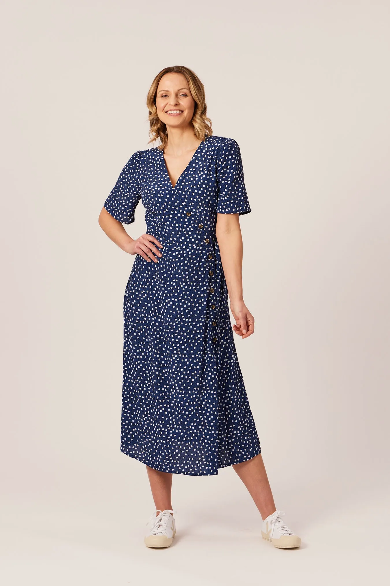 Lesley - Midi Button Wrap Dress - Blue Polkadot