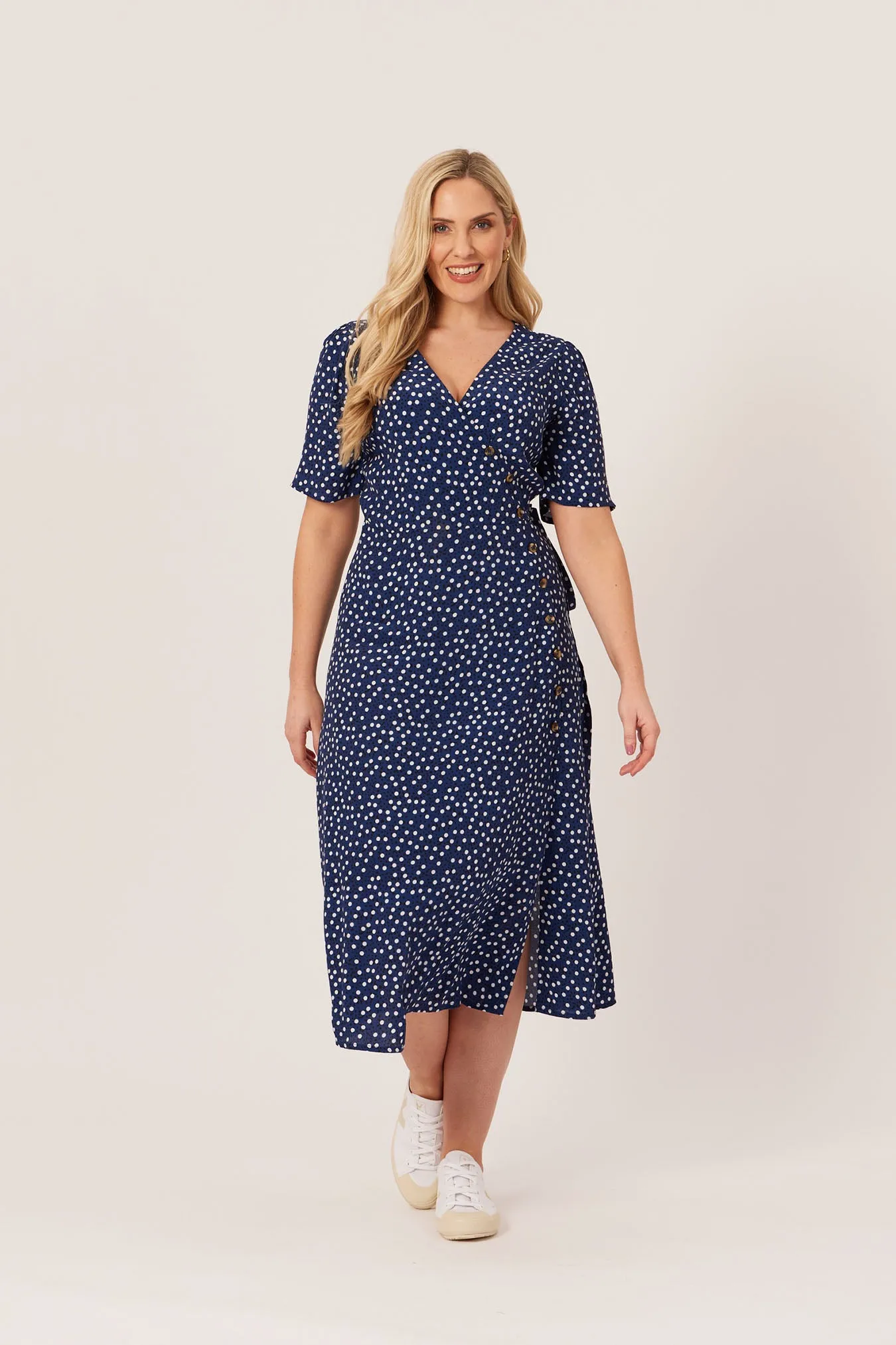 Lesley - Midi Button Wrap Dress - Blue Polkadot