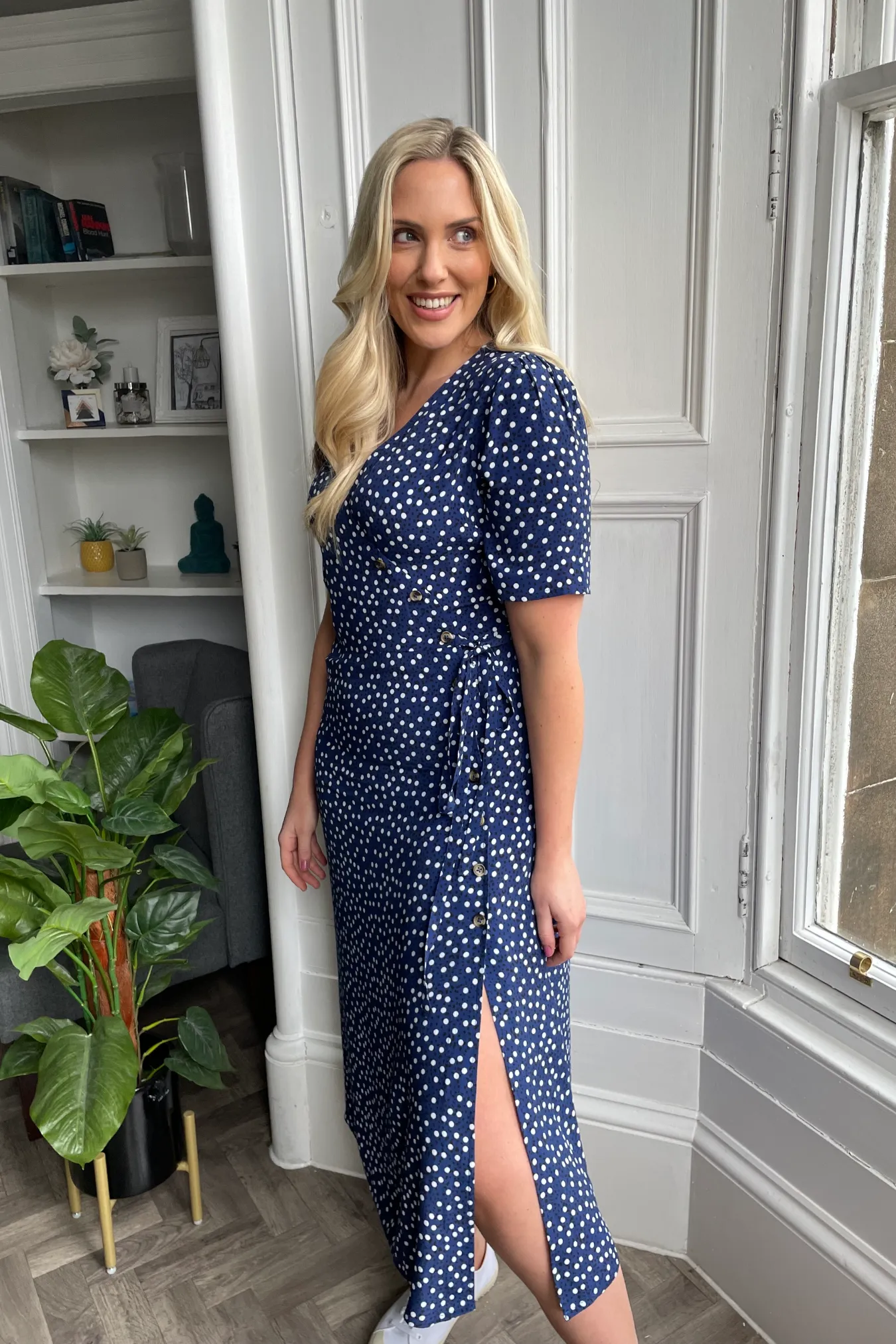 Lesley - Midi Button Wrap Dress - Blue Polkadot