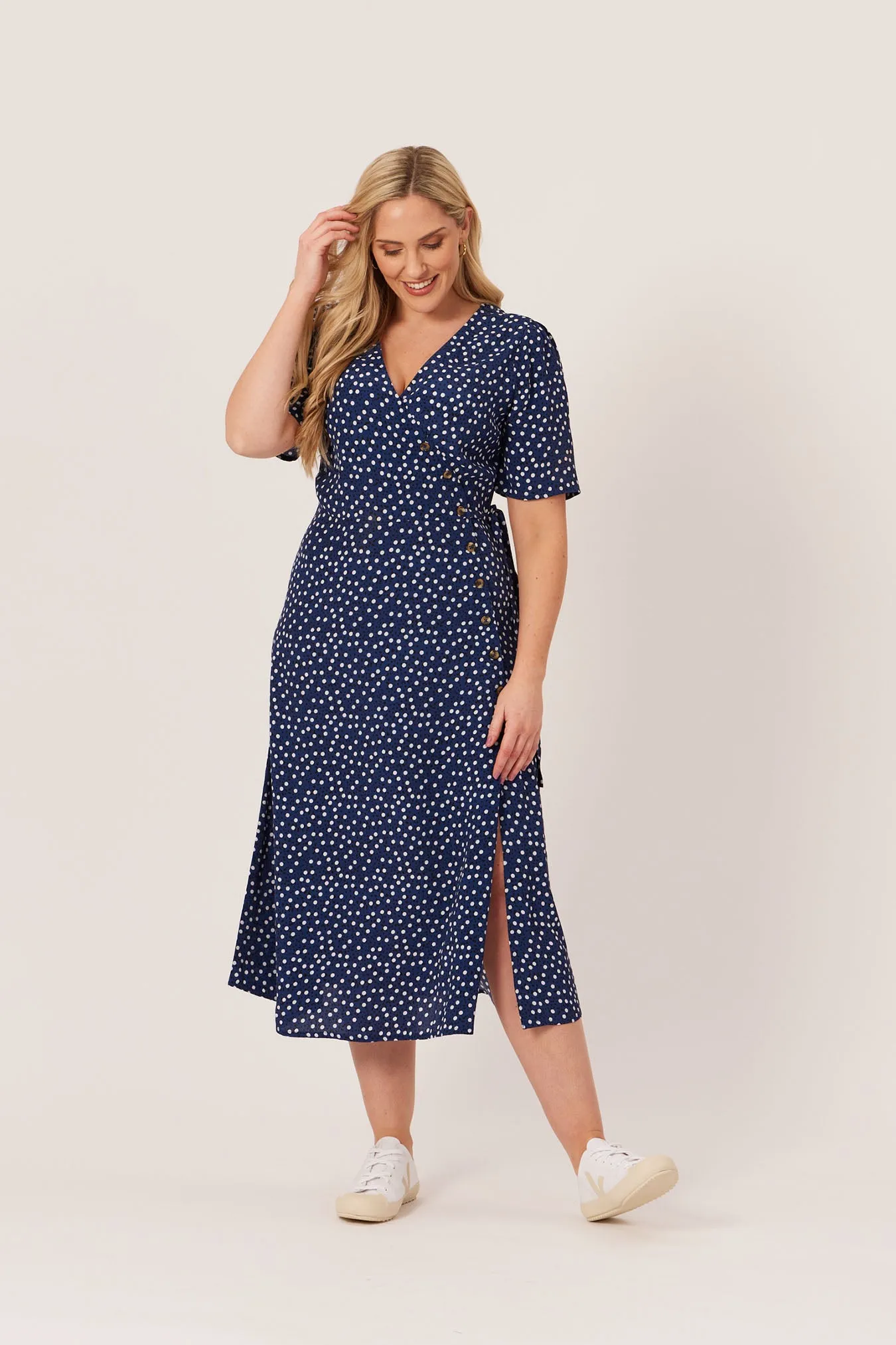 Lesley - Midi Button Wrap Dress - Blue Polkadot