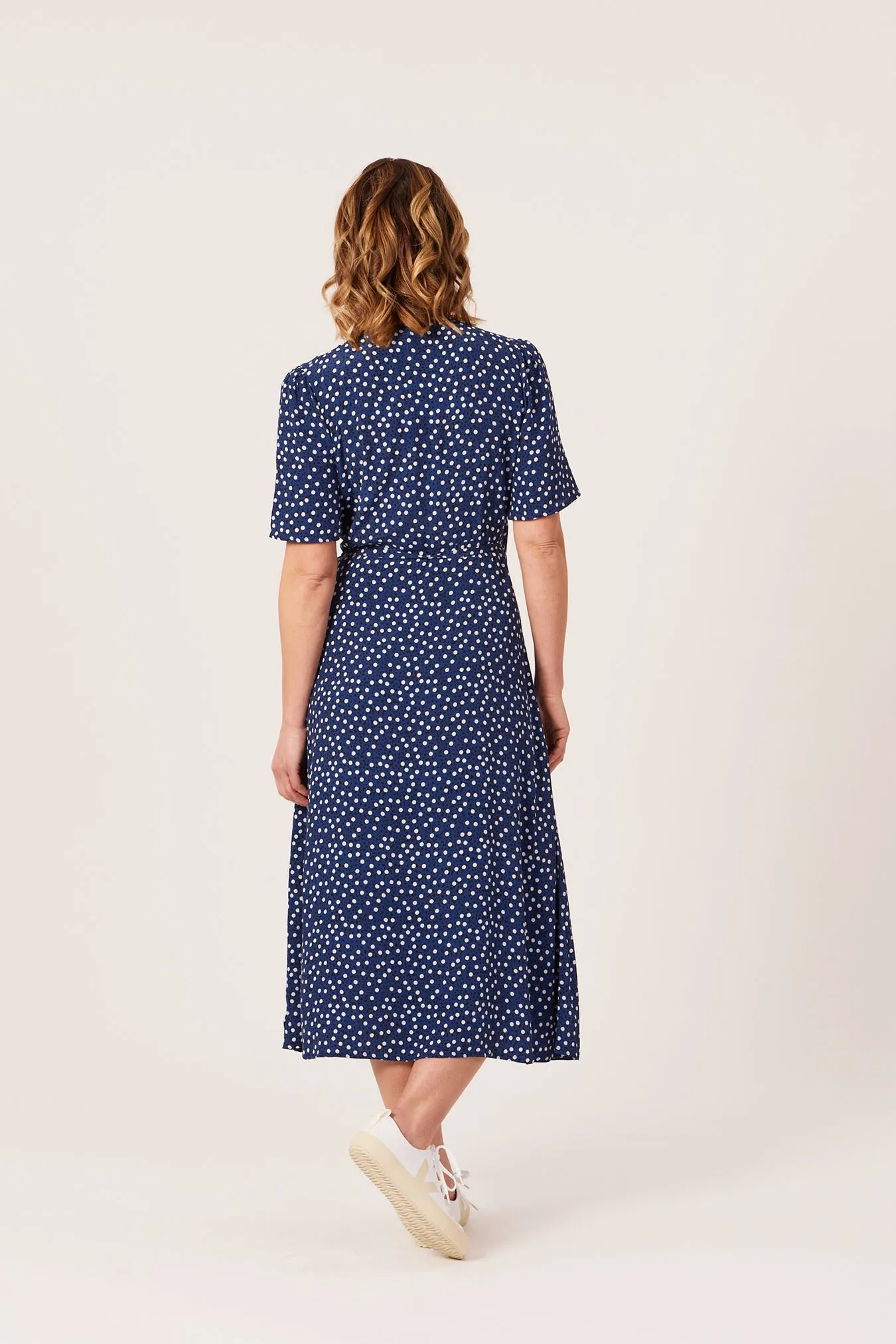 Lesley - Midi Button Wrap Dress - Blue Polkadot