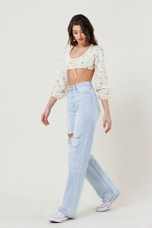 Light Stone Distressed Wide Leg Jeans