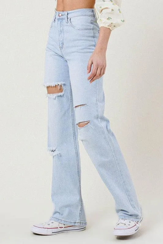 Light Stone Distressed Wide Leg Jeans