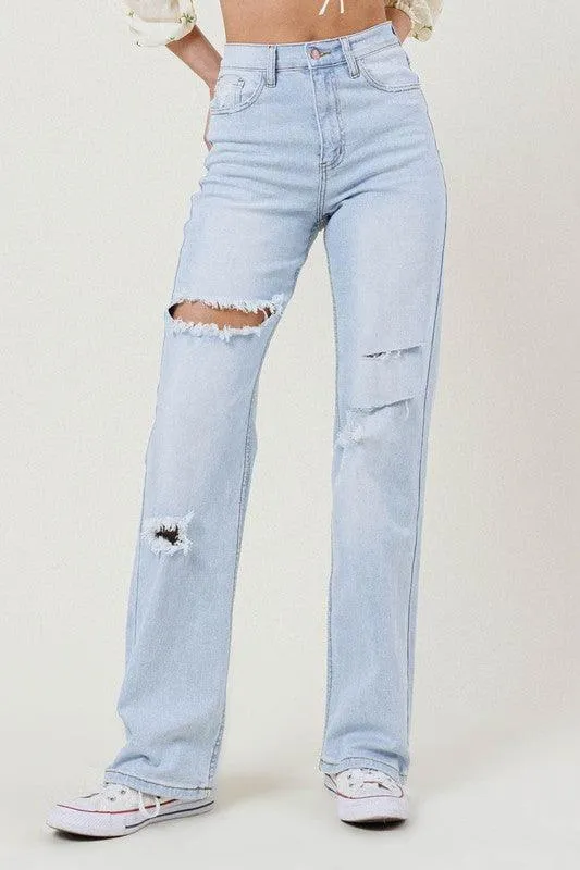 Light Stone Distressed Wide Leg Jeans