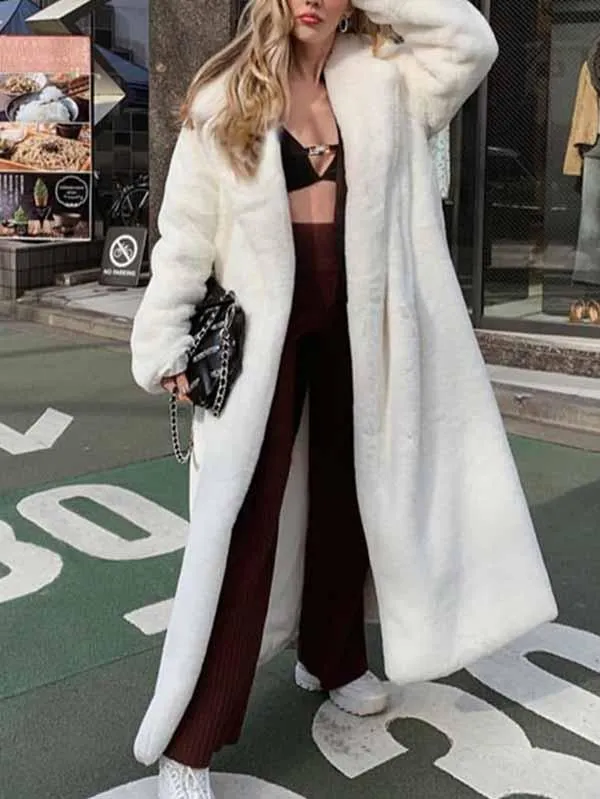 Long Sleeve Winter Warm Faux Fur White Long Coat