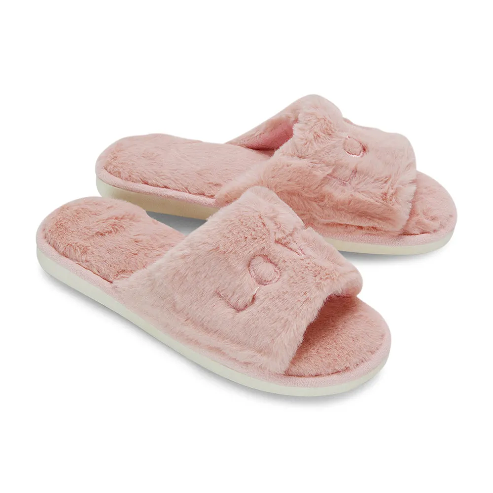 Lula Peep Toe Fluffy Soft Faux Fur Flat Embroidered Cosy Love Slippers in Nude