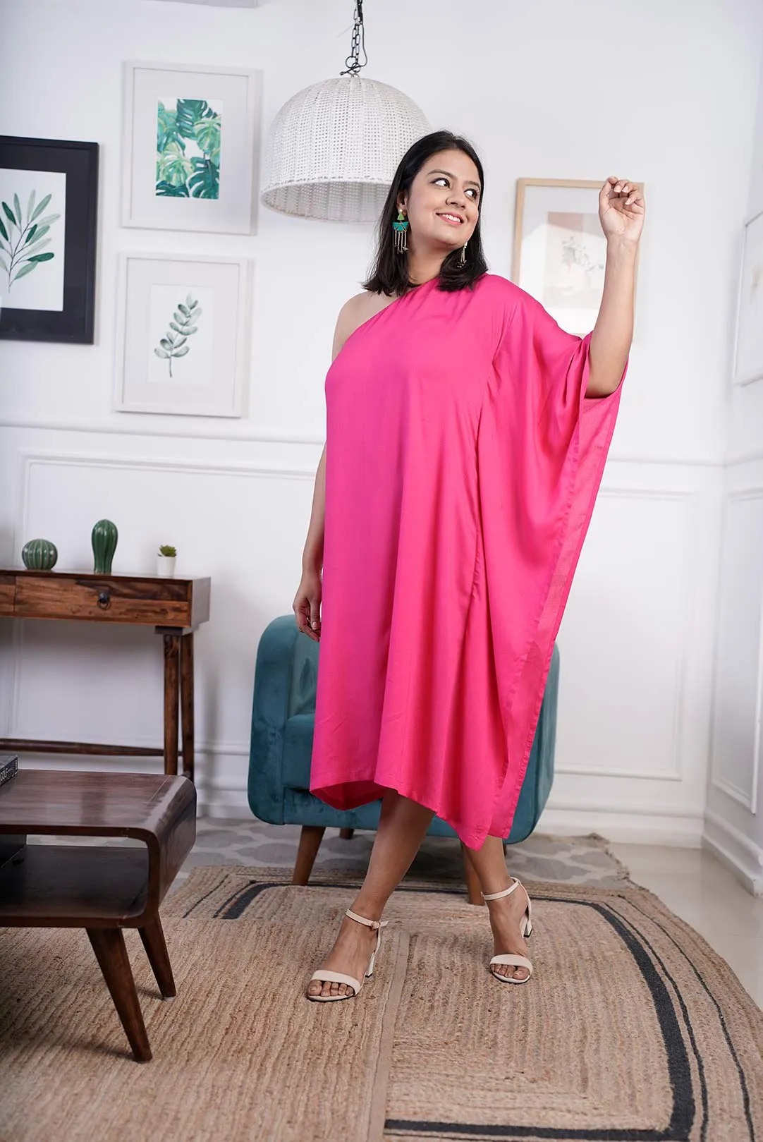 Magenta Rayon OneShoulder Dress - Solid