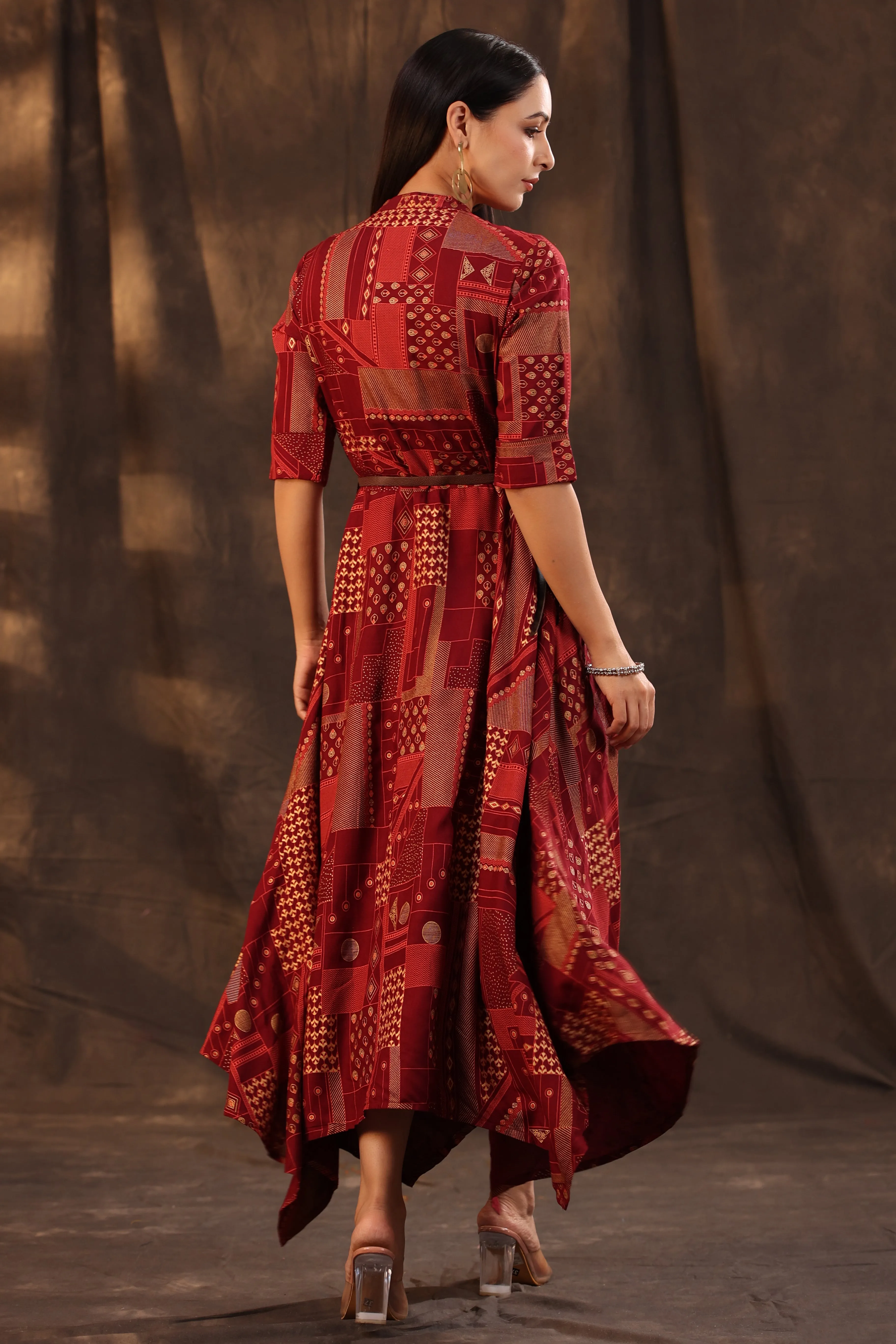 Maroon Rayon Printed Asymmetric Dress