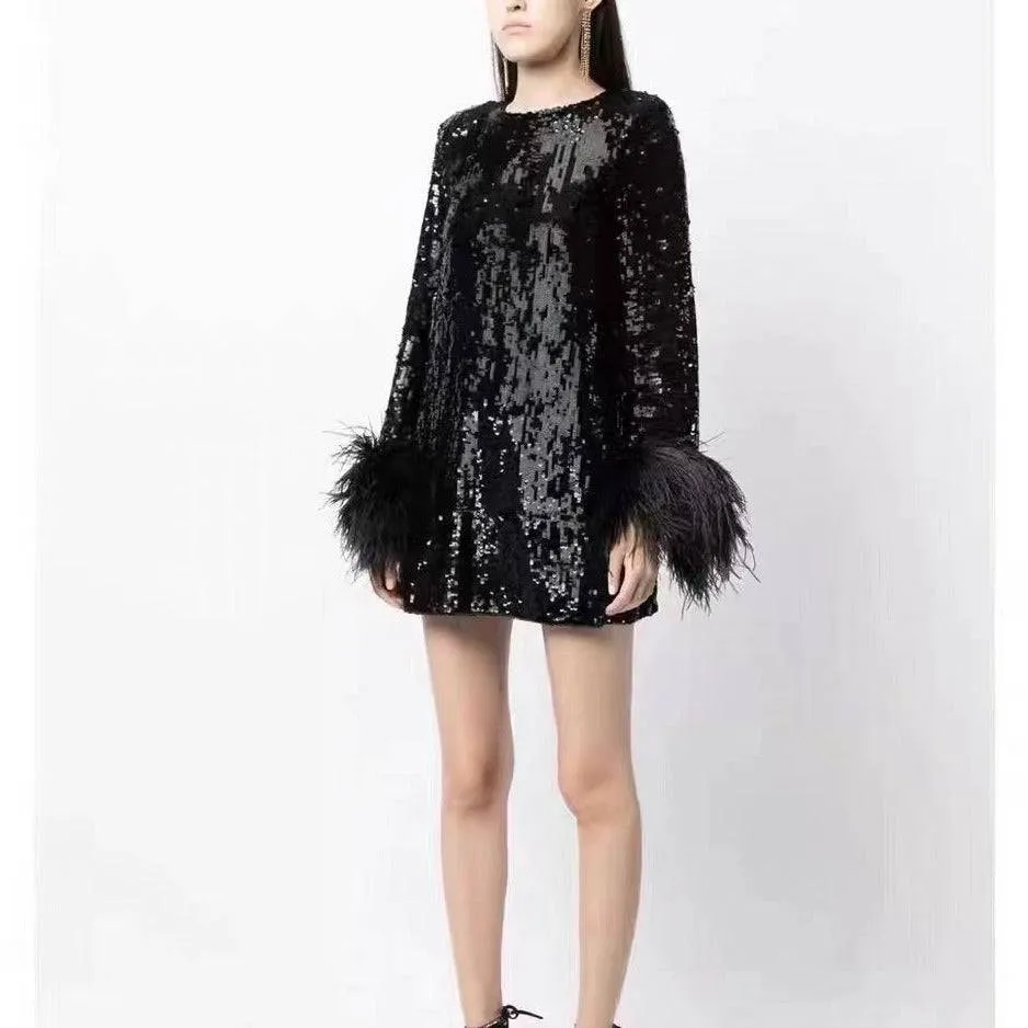 Melia Feather-trim Sequin Mini Dress