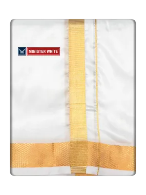 Mens Art Silk Double Layer White Dhoti with 70K Gold Jari Border - Marshal 70K