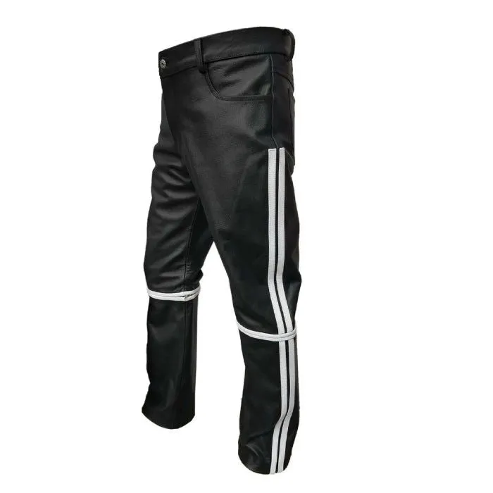 Mens Bikers Style Jeans Black And White Leather Pants (Free P&P In Uk)