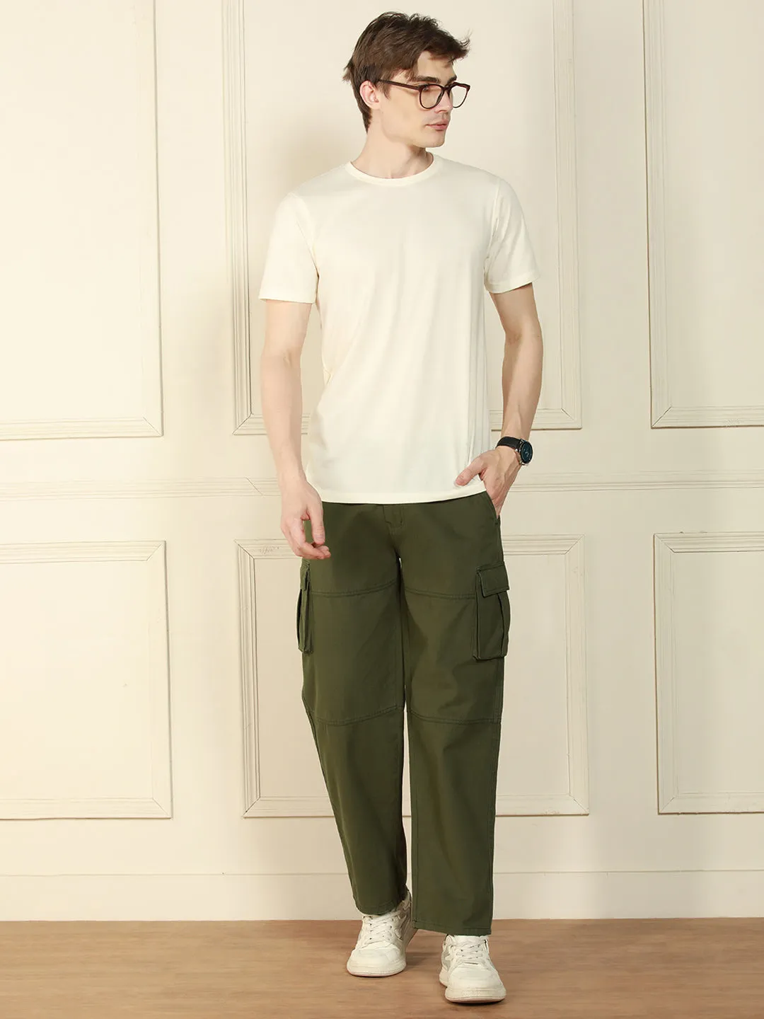 Men's Olive Relaxed Fit Solid Cotton Lycra Stretchable Trousers