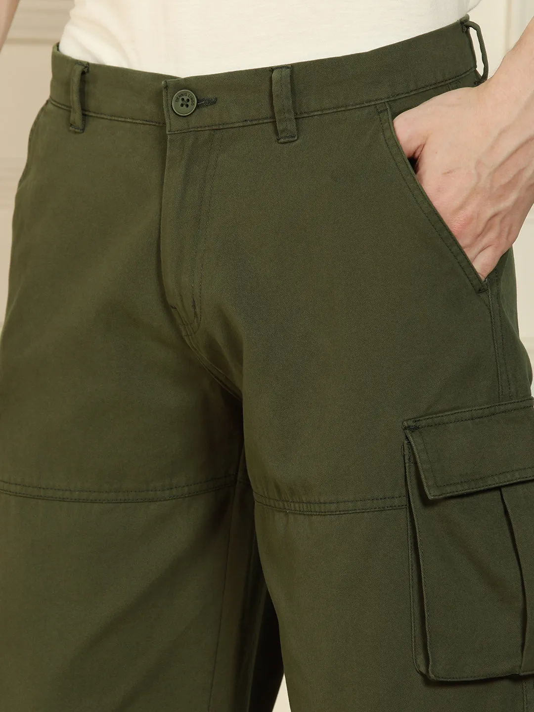 Men's Olive Relaxed Fit Solid Cotton Lycra Stretchable Trousers