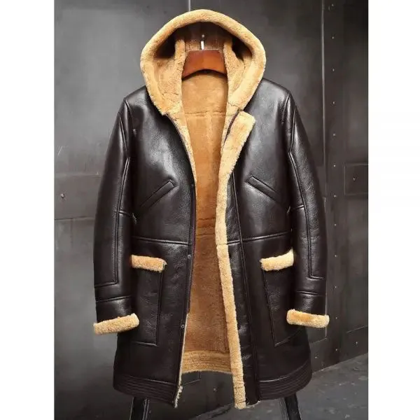 Mens RAF Hooded Shearling Fur Sheepskin Leather Long Jacket Winter Coat