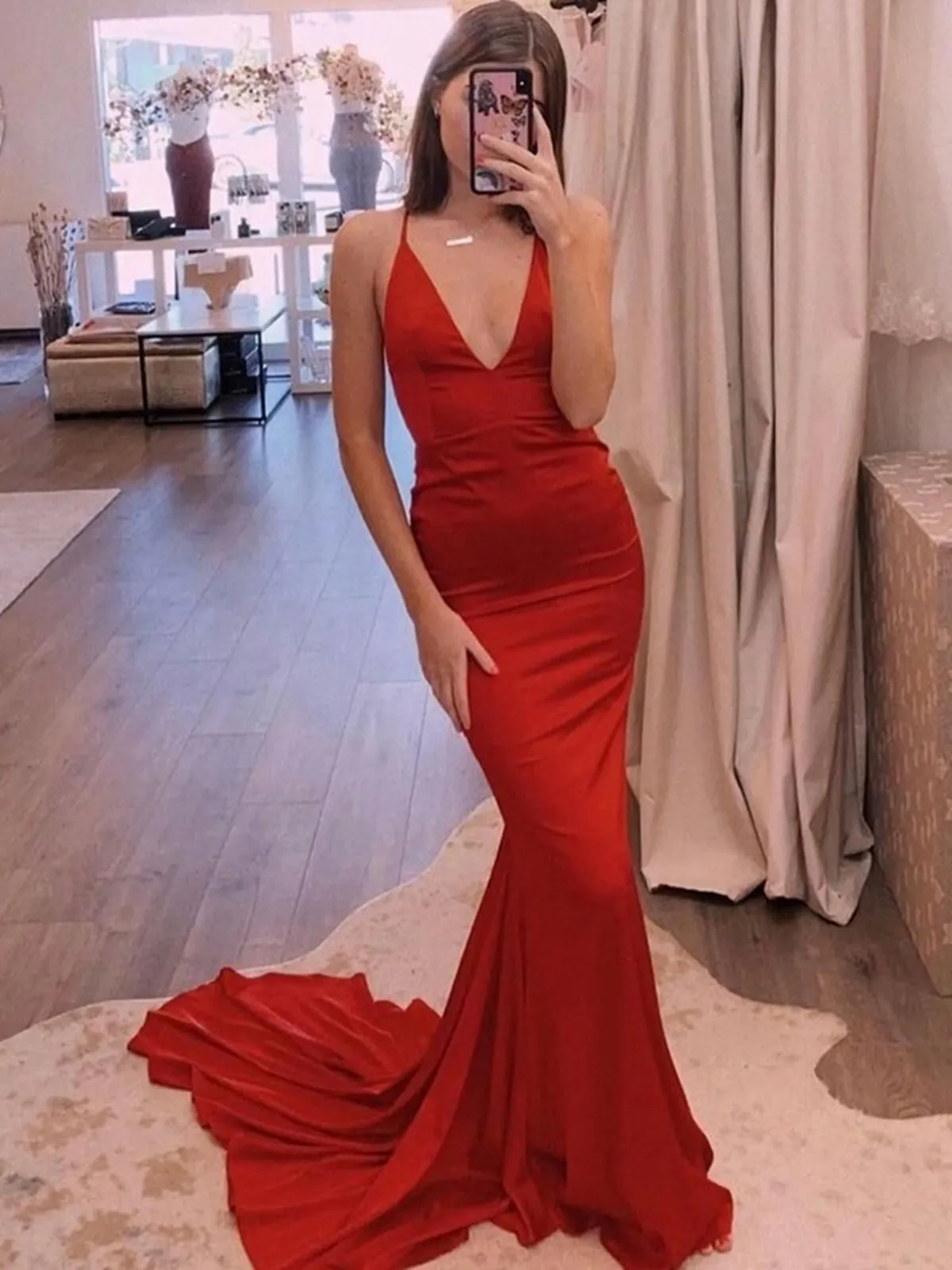 Mermaid V Neck Red Satin Long Prom, Mermaid Red Formal, Red Evening