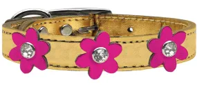 Metallic Flower Leather Collar Gold With Metallic Pink Flowers Size 10