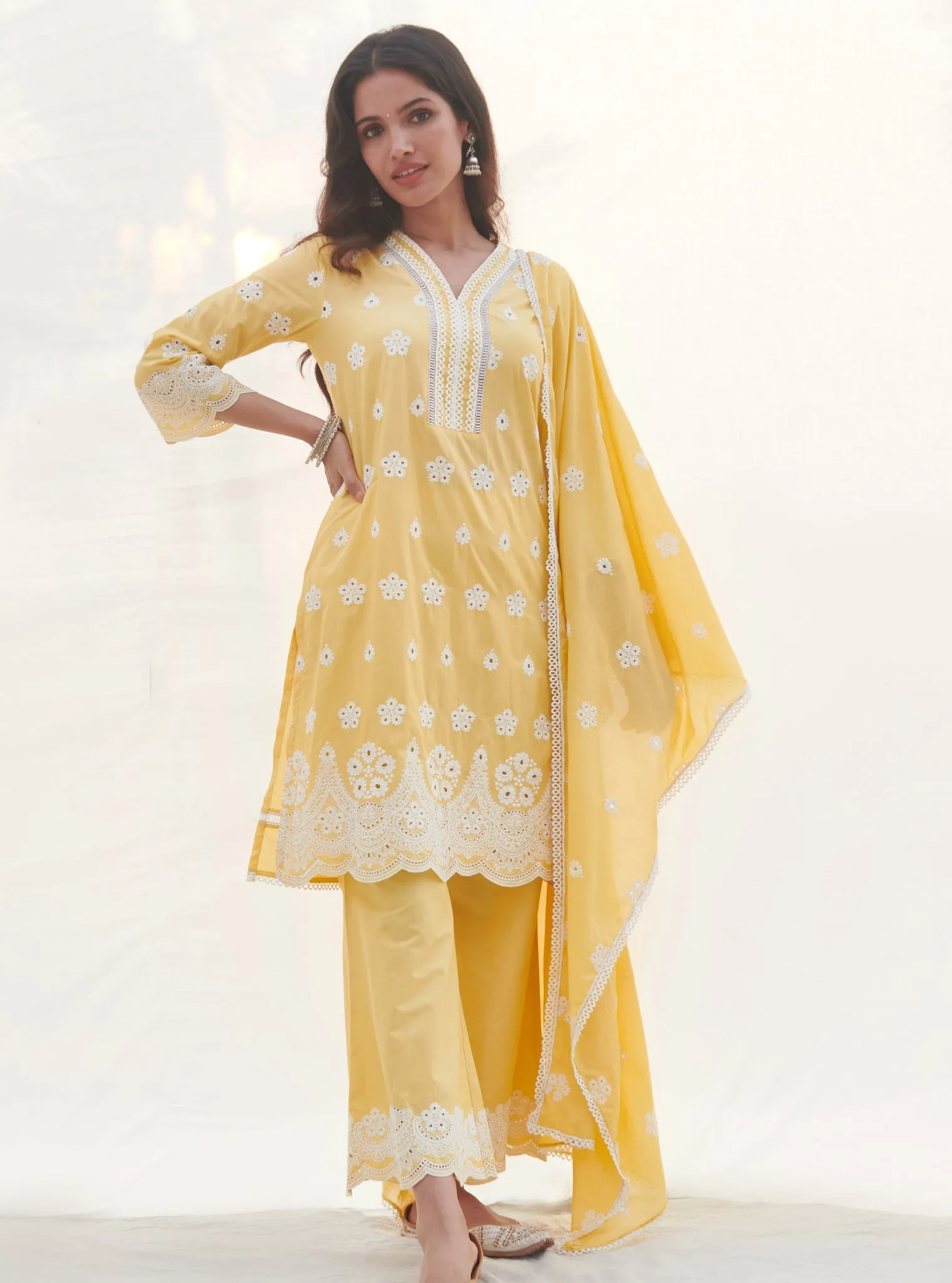 Mulmul Cotton Calvim Yellow Kurta With Mulmul Cotton Calvim Yellow Pant