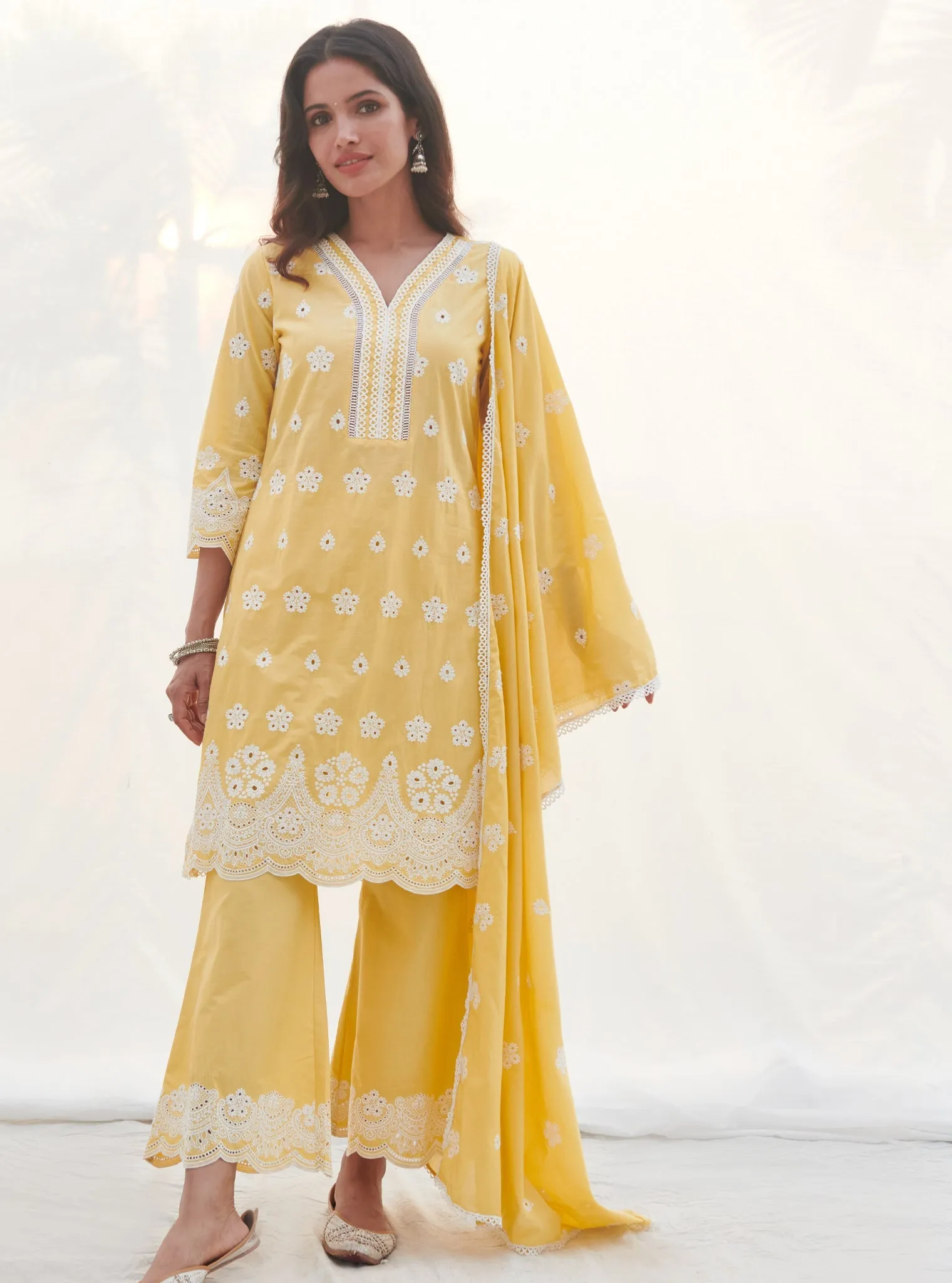 Mulmul Cotton Calvim Yellow Kurta With Mulmul Cotton Calvim Yellow Pant