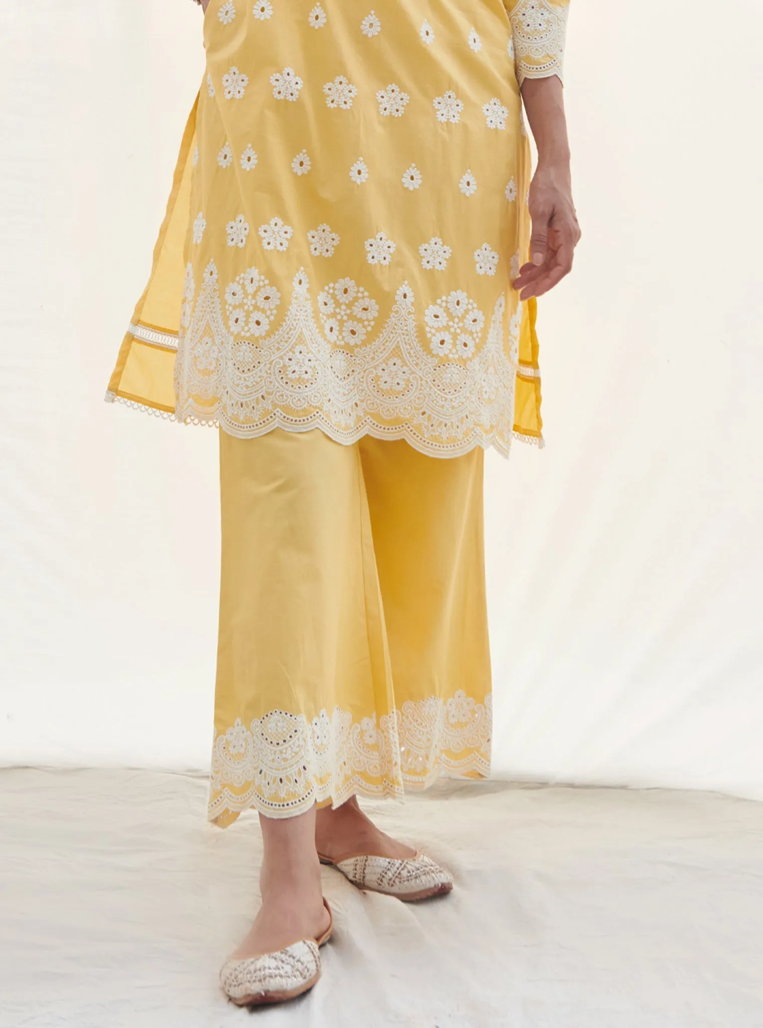 Mulmul Cotton Calvim Yellow Kurta With Mulmul Cotton Calvim Yellow Pant