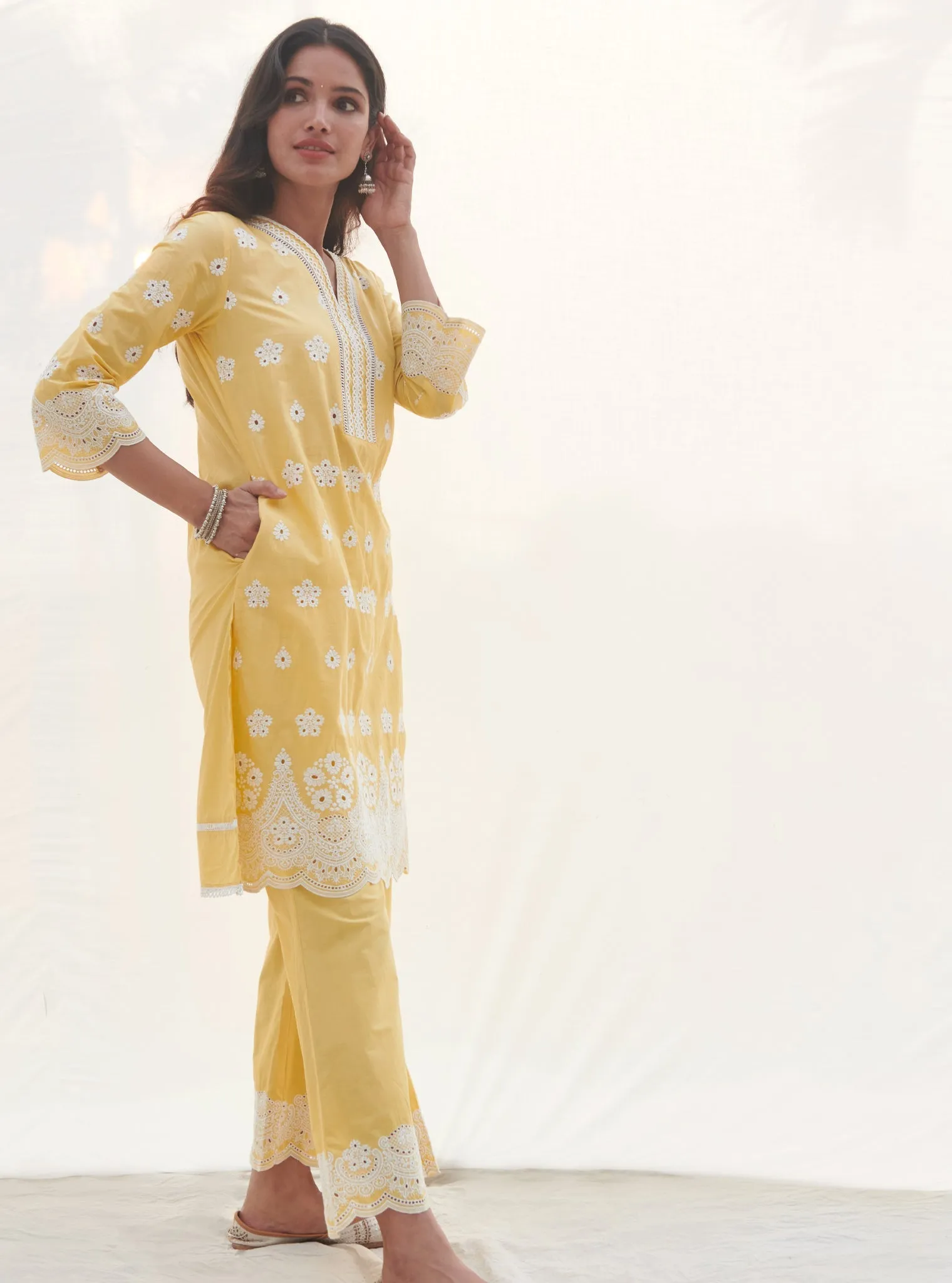 Mulmul Cotton Calvim Yellow Kurta With Mulmul Cotton Calvim Yellow Pant